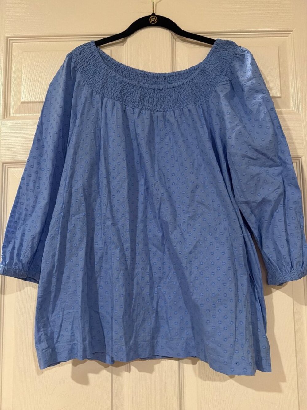 Style & Co Blue Smocked Neck 3/4 Sleeve Textured Cotton Blouse 1X